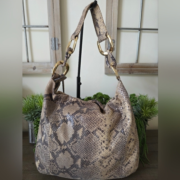 Michael Kors Leather Snakeskin Embossed Hobo Bag With Gold MK Charm - Picture 8 of 12